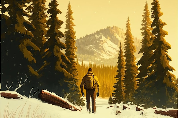 Viajero en el bosque nevado de invierno caminando Hombre viajando en un bosque nevado pintura de ilustración de estilo de arte digital