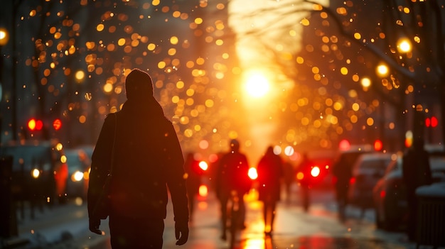 Viajero caminando por una calle urbana al atardecer con luces brillantes