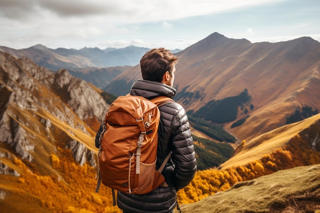 Un viajero caminando por las montañas con sus artículos esenciales en una mochila