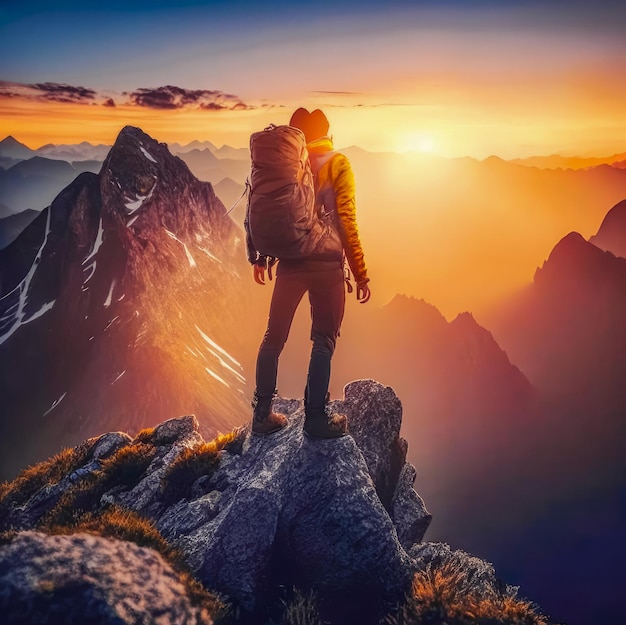 El viajero se para en la cima de la montaña y mira el amanecer.