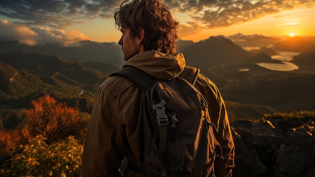 Un viajero en la cima de una montaña mirando el horizonte.