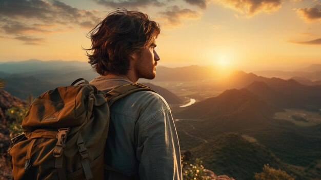 Un viajero en la cima de una montaña mirando el horizonte.