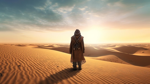 Foto el viajero se para y contempla el desierto de arena ia generativa