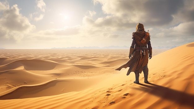 Foto el viajero se para y contempla el desierto de arena ia generativa
