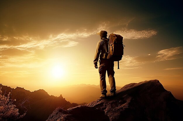 El viajero se encuentra en la cima de la montaña al atardecer. IA generativa