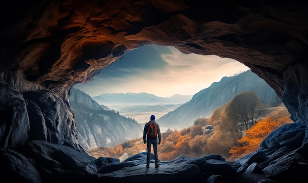 El viajero se encuentra frente a la entrada de la cueva y mira el hermoso paisaje montañoso