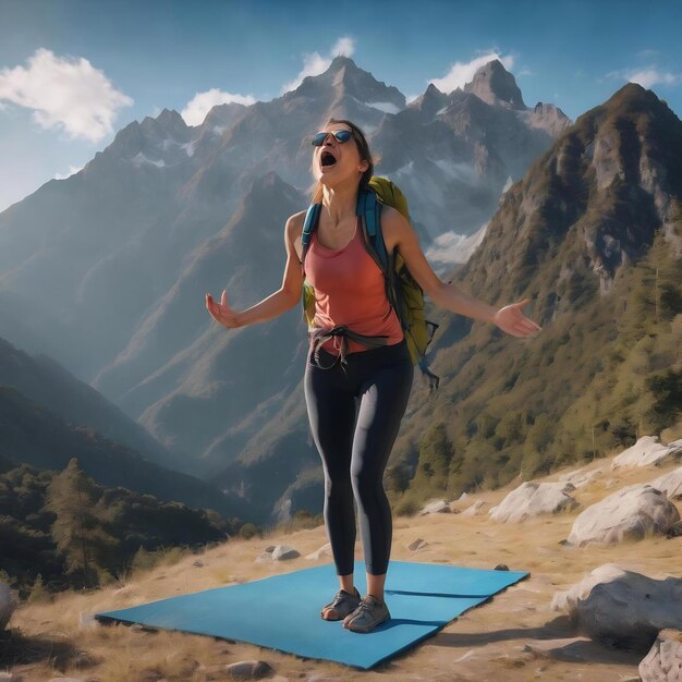 Viajero con equipo de montaña y alfombra de yoga gritando y sosteniendo la palma cerca de la boca abierta