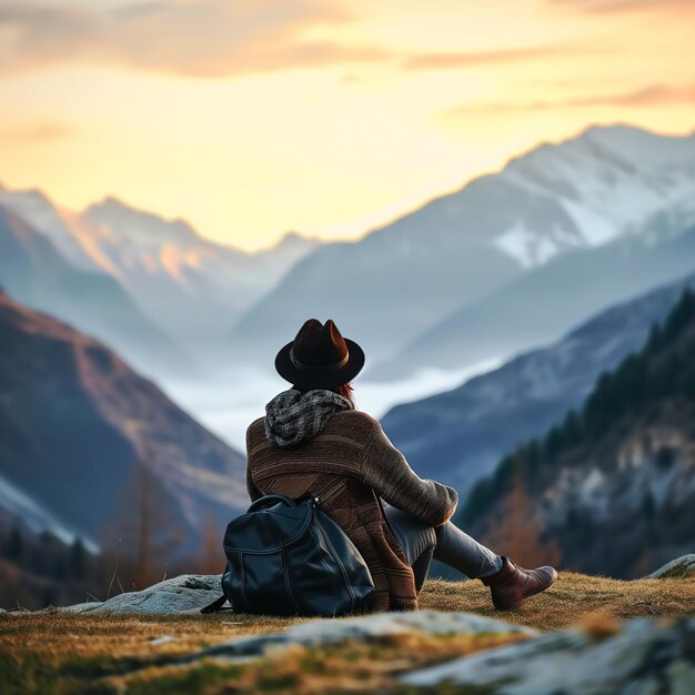 Foto viajero errante con sombrero sentado solo y disfrutando de la montaña