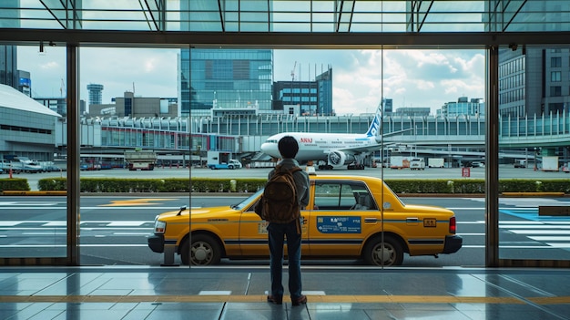 Un viajero espera un taxi en el aeropuerto de Tokio en Japón