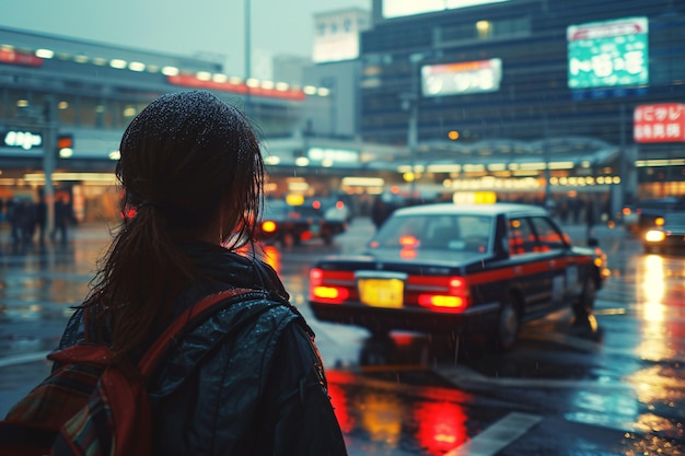 Foto un viajero espera un taxi en el aeropuerto de tokio en japón