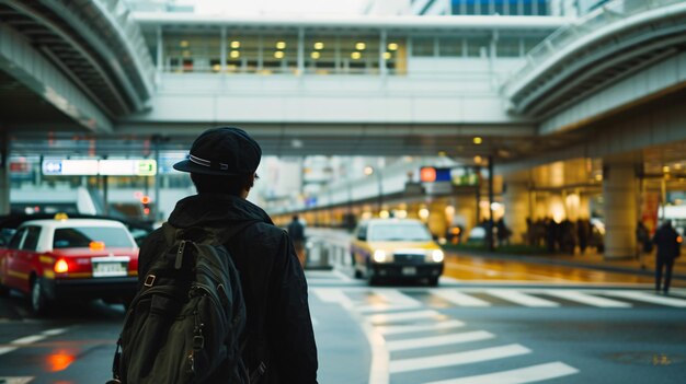 Foto un viajero está esperando un taxi en el aeropuerto de tokio en japón