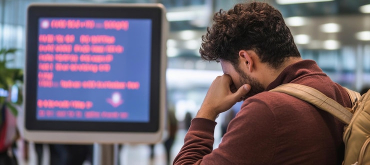 Foto viajero estresado mirando la pantalla de información de vuelo que muestra retrasos