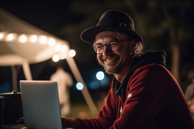 Un viajero europeo sonriente hablando trabajando en una computadora portátil en un campamento Generativo ai