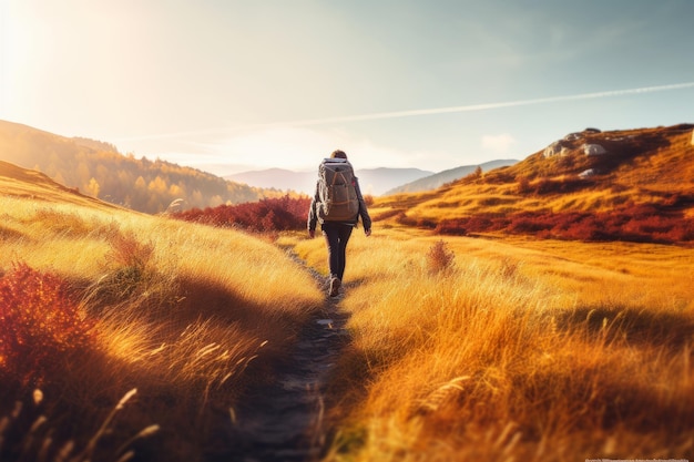 Un viajero explorando un paisaje pintoresco de noviembre creado con tecnología de IA generativa