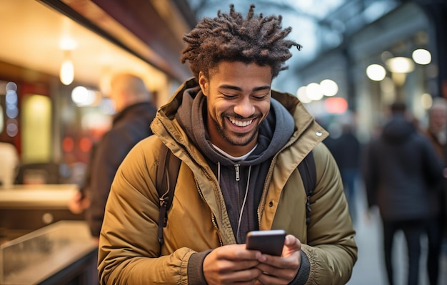 Foto viajero feliz en la estación de tren usando el teléfono inteligente