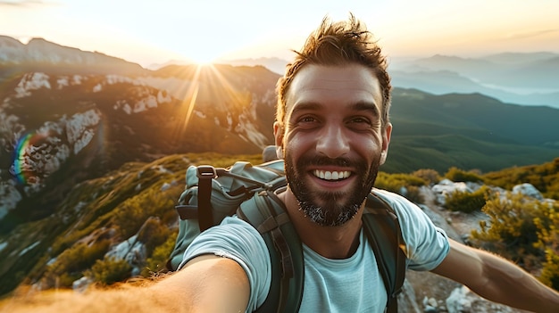 Viajero feliz tomando una selfie al atardecer en las montañas Aventura de senderismo alegre capturada en una foto vibrante Estilo de vida al aire libre libertad y exploración de la naturaleza tema IA