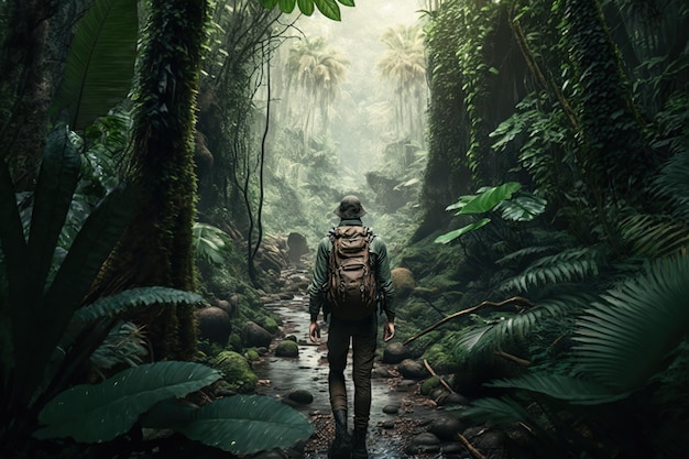 Viajero hombre irreconocible con mochila en la selva verde