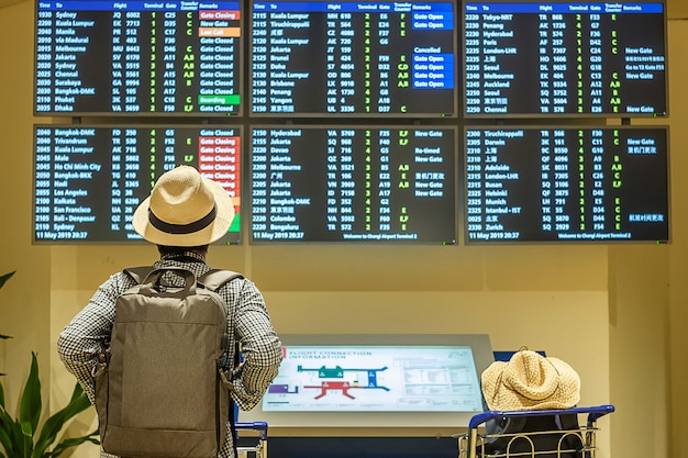 Viajero del hombre joven con el sombrero que comprueba tiempo de vuelo