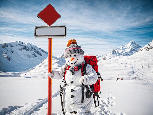 Un viajero hombre de nieve con una mochila de pie en una encrucijada nevada
