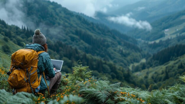 Viajero independiente con sombrero trabajando en una computadora portátil vista majestuosa de la montaña AI generativa