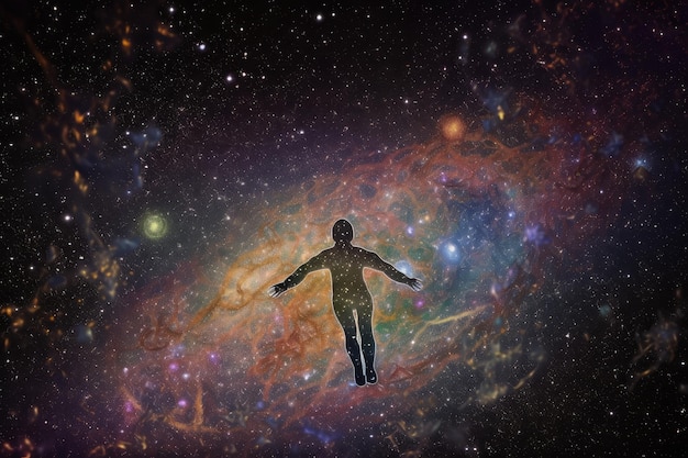 Foto viajero intergaláctico flotando entre las estrellas en su viaje a mundos desconocidos