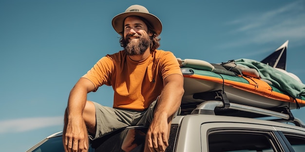 Viajero con kayaks en el techo de un coche Descanso en la naturaleza