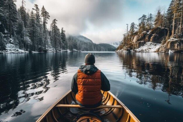 Viajero masculino con abrigo de invierno practicando piragüismo en el lago del parque nacional Ilustración generativa de IA