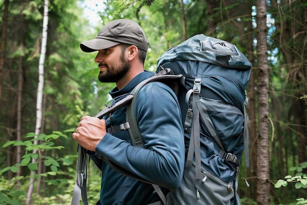 Viajero masculino con una gran mochila turística en el bosque