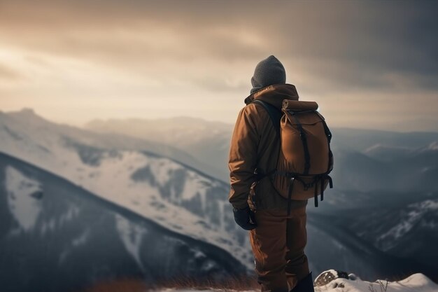 Viajero masculino en monos cálidos y con mochila de senderismo de pie en montañas nevadas vista trasera Viajes de caminata de invierno concepto de estilo de vida activo IA generativa