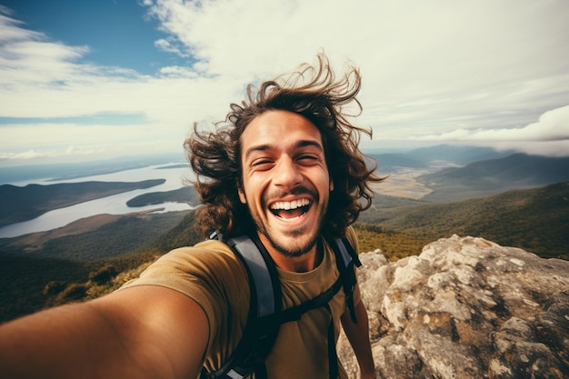 un viajero masculino de pie en el acantilado y buscando la vista.