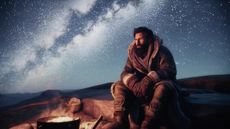 Foto viajero masculino sentado bajo un hermoso cielo nocturno con estrellas