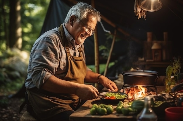 viajero mayor cocinando la cena en el bosque abuelo disfrutando de actividades de ocio en la naturaleza