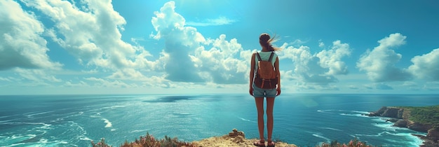 Foto un viajero mira hacia el horizonte donde el océano y el cielo se mezclan sin problemas