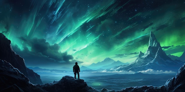 Un viajero mira las luces del norte paisaje de invierno por la noche Aurora IA generativa