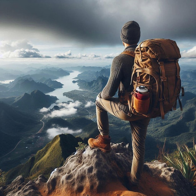 Viajero con mochila en la cima de una montana y disfrutando de la vista Imagen Premium generada con IA