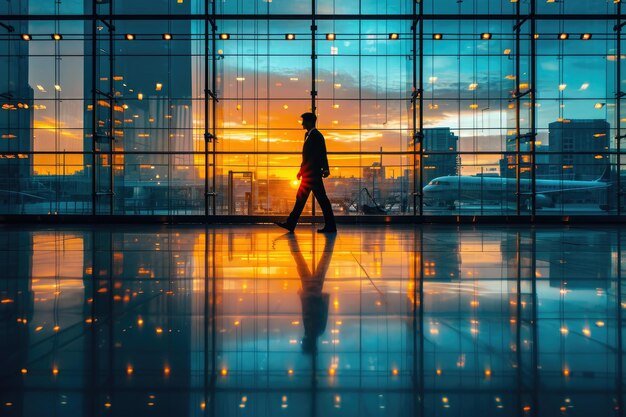 Viajero con mochila en la terminal moderna del aeropuerto IA generativa