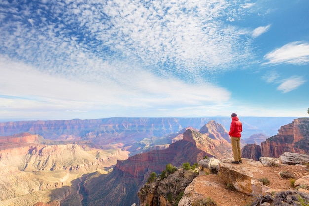 Viajero en las montañas del acantilado sobre el Parque Nacional del Gran Cañón, Arizona, EE.UU .. Emoción inspiradora. Viajes Estilo de vida viaje éxito concepto de motivación concepto de vacaciones de aventura al aire libre.