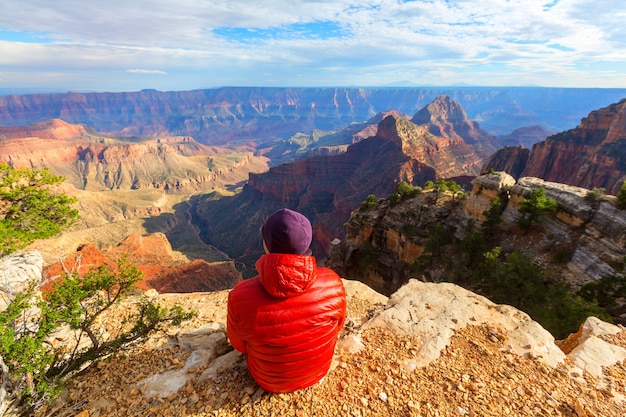 Viajero en las montañas del acantilado sobre el Parque Nacional del Gran Cañón, Arizona, EE.UU .. Emoción inspiradora. Viajes Estilo de vida viaje éxito concepto de motivación concepto de vacaciones de aventura al aire libre.