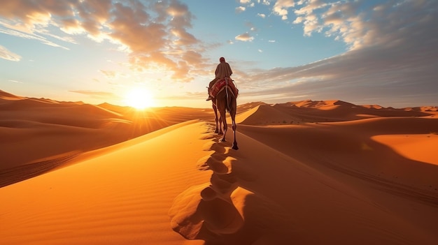 Un viajero montando un camello en el desierto del Sáhara con interminables dunas de arena dorada bajo un sol abrasador