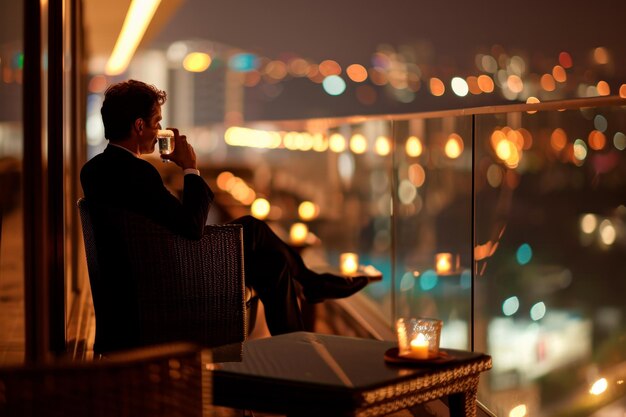 un viajero de negocios disfrutando de una noche tranquila en el balcón de un hotel