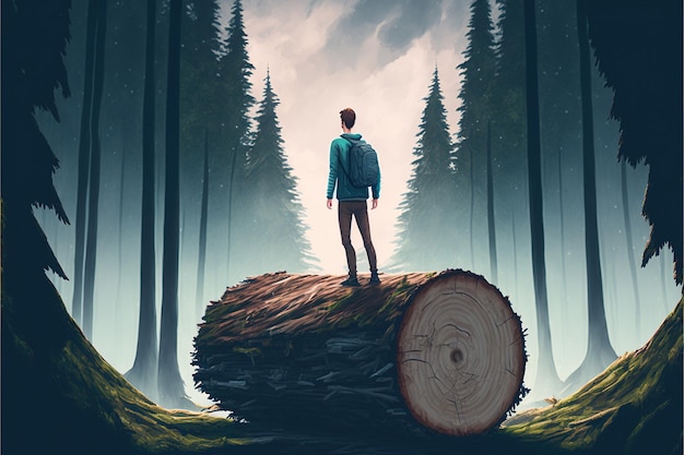 Viajero de pie sobre un árbol caído en el bosque ilustración de estilo de arte digital pintura ilustración de fantasía de un viajero en el bosque