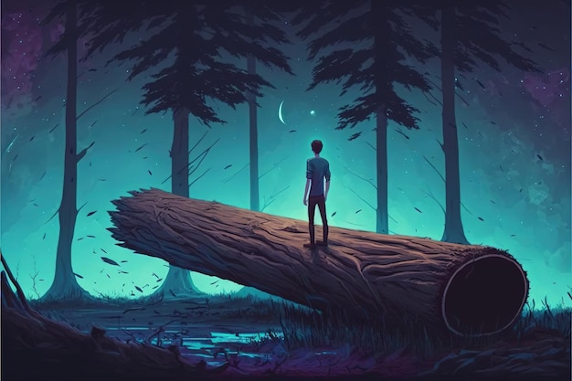 Viajero de pie sobre un árbol caído en el bosque ilustración de estilo de arte digital pintura ilustración de fantasía de un viajero en el bosque