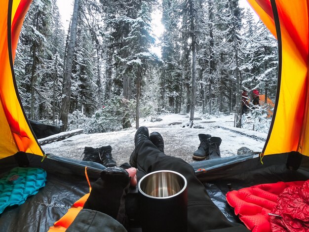 Viajero que acampa con la mano que sostiene la taza en una carpa en la nieve en el bosque de pinos