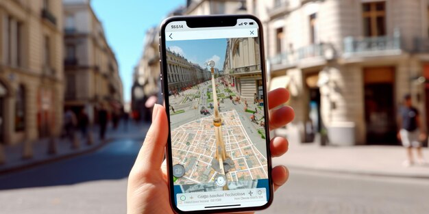 un viajero que utiliza navegación AR en una ciudad extranjera generativa de IA