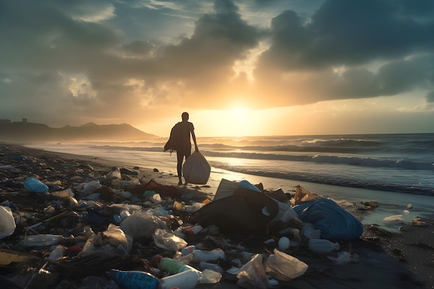 viajero recogiendo materiales reciclables en una playa prístina