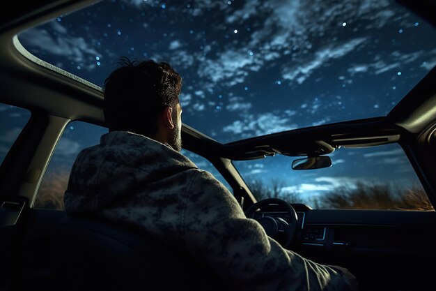 Foto el viajero en reposo está sentado en el coche con vista panorámica del cielo estelar nocturno