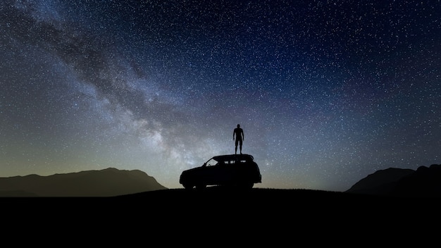 Viajero de silueta en coche con fondo de estrellas en la noche