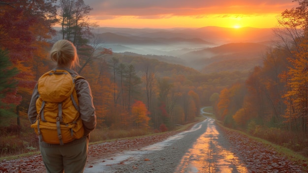 Viajero solitario admirando un impresionante amanecer de otoño en las montañas