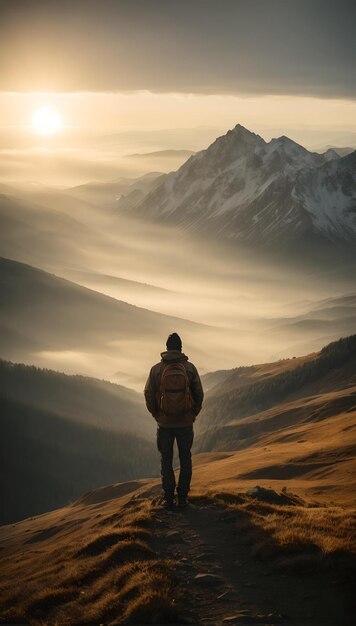 Viajero solitario contemplando el majestuoso amanecer en la montaña AI