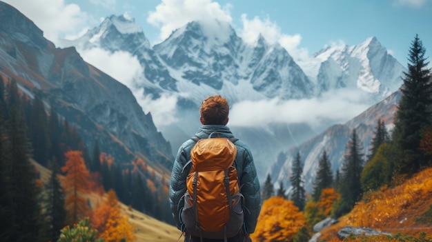 Un viajero en solitario mirando a una majestuosa cordillera desde una tranquila colina